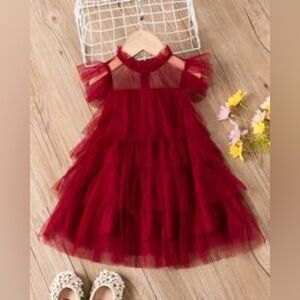SHEIN Girls Red Layered Hem Mesh Dress Size 130 VGUC